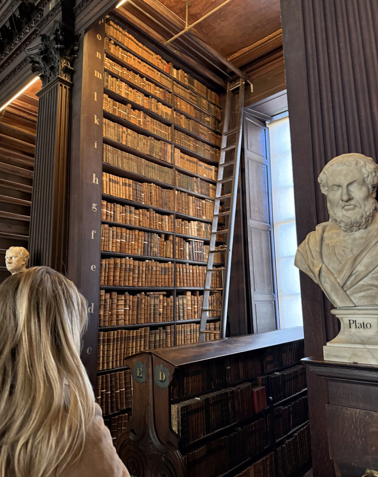Admiring the bust of Plato among the Long Room shelves