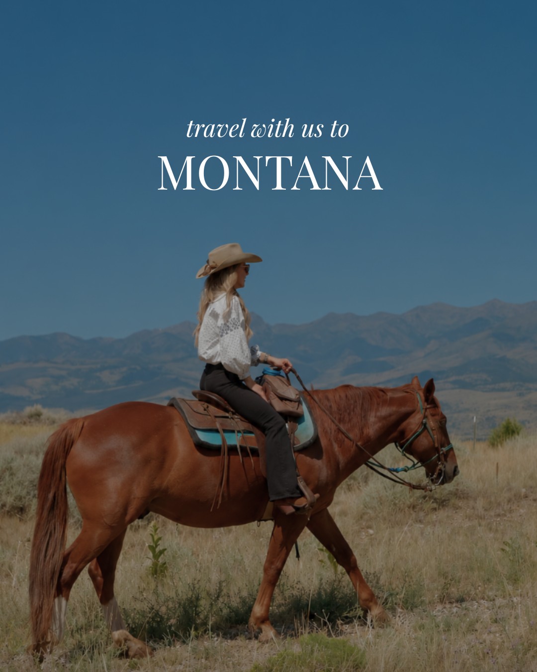 A rider on a chestnut horse in a golden Montana meadow, mountains and blue sky behind