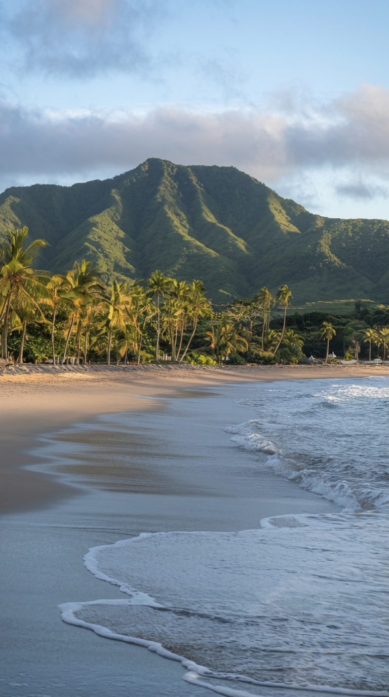 Tropical beach with palm trees and lush green mountains