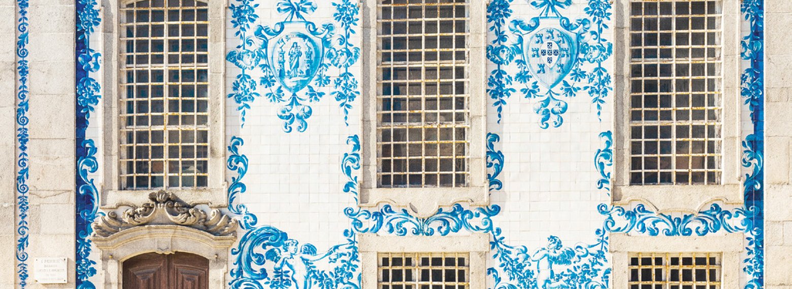 Blue and white azulejo tiles on a Porto church