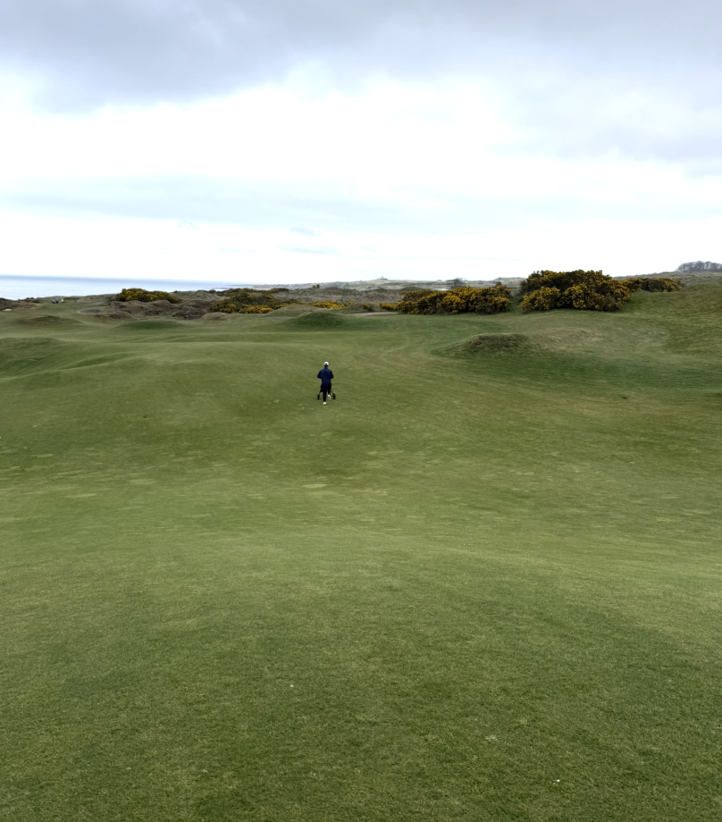 A lone golfer on a green fairway beside the coast