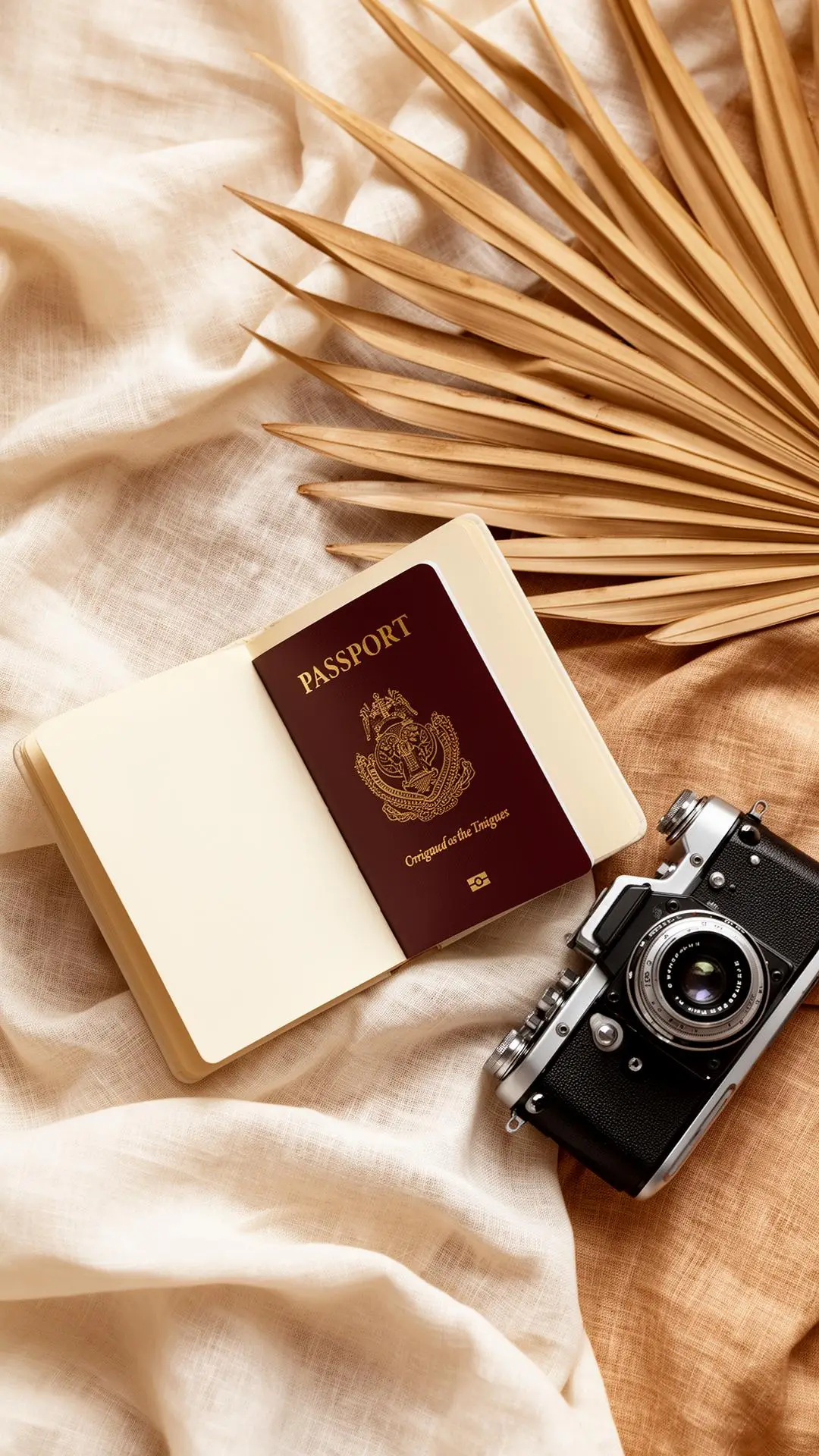 Passport, vintage camera, and palm leaf
